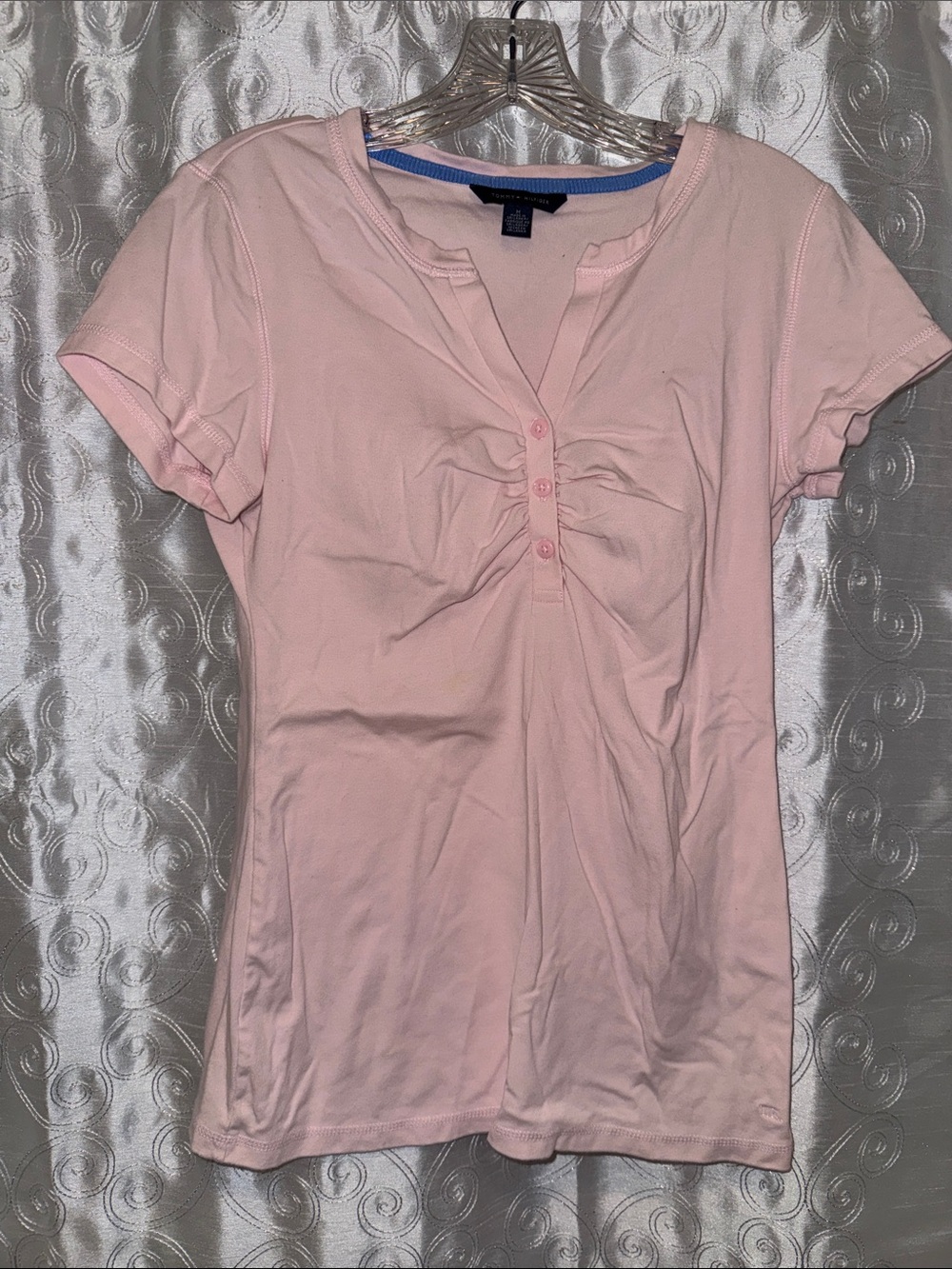 Tommy Hilfiger Light Pink Short-Sleeve Gathered Front Top Women’s Size M 🔥 G11
